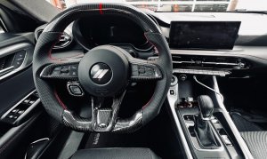 Dodge Hornet Custom Steering Wheel - Carbon Fiber - Flat Top/ Flat Bottom - w/ 2 Red Center Stripes - Perforated Leather